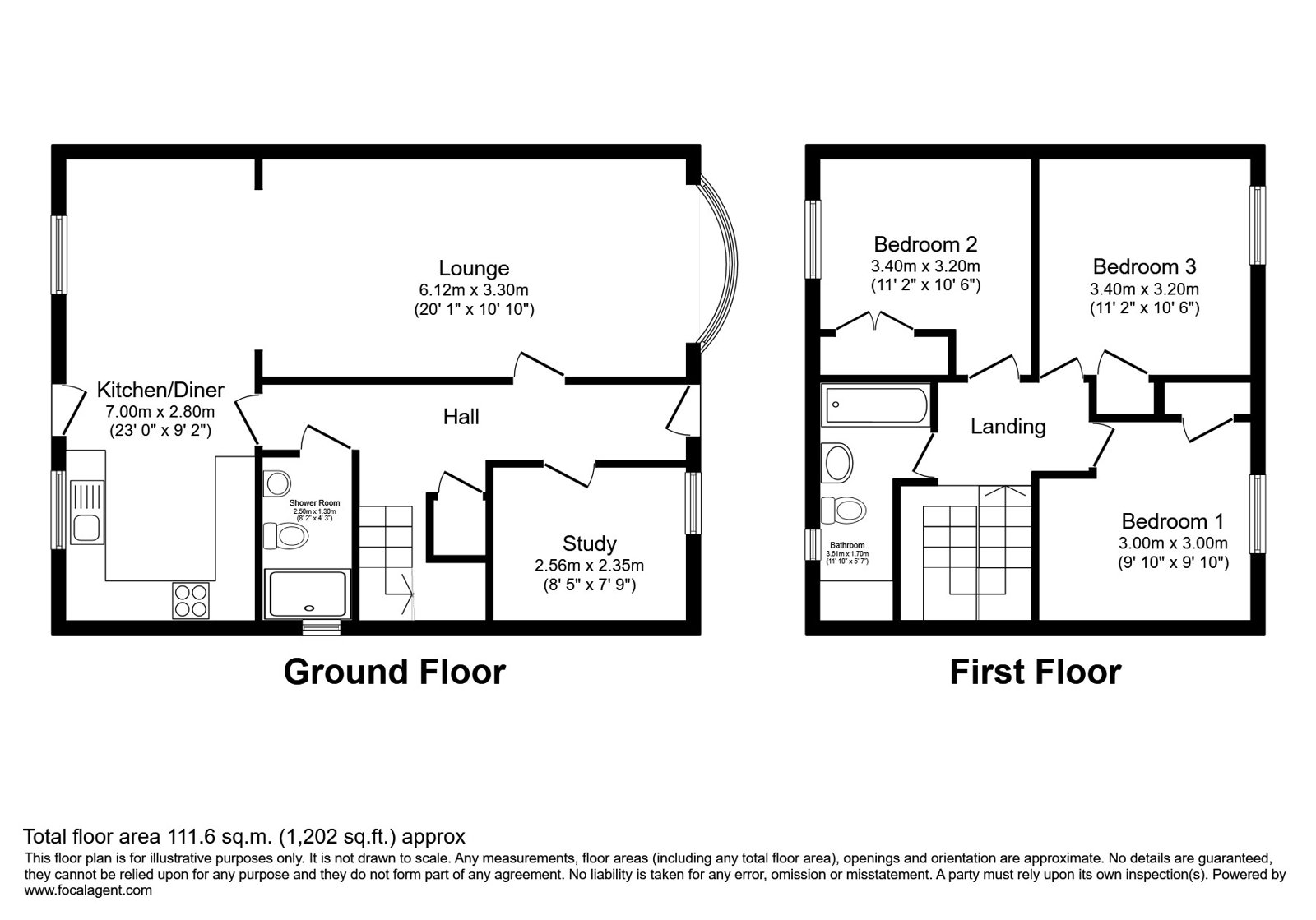 Floor plan of The Chase House: ground floor with lounge, kitchen/diner, hall, study and shower room; first floor with three bedrooms, landing and bathrooms